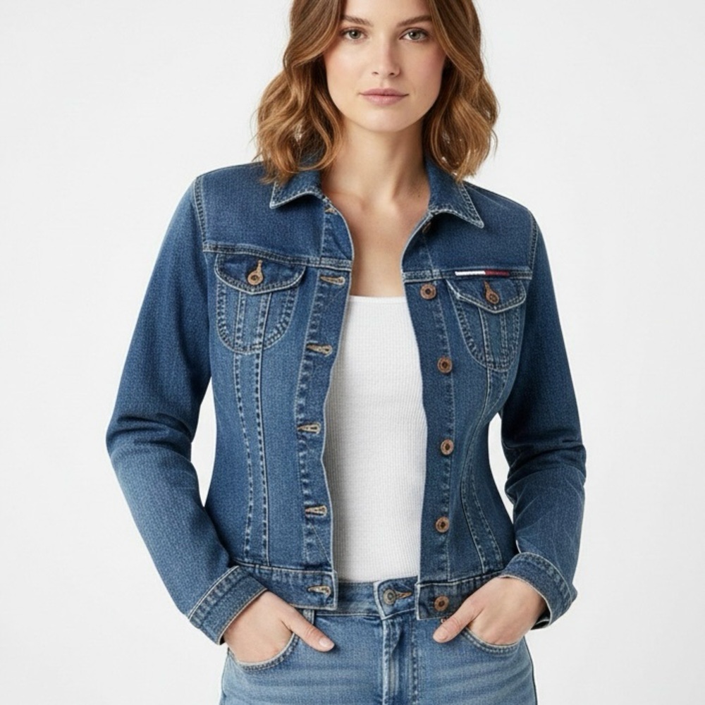 Tommy Jeans Denim Jacket Womens Size L Medium Wash Stretch Classic Blue Jean